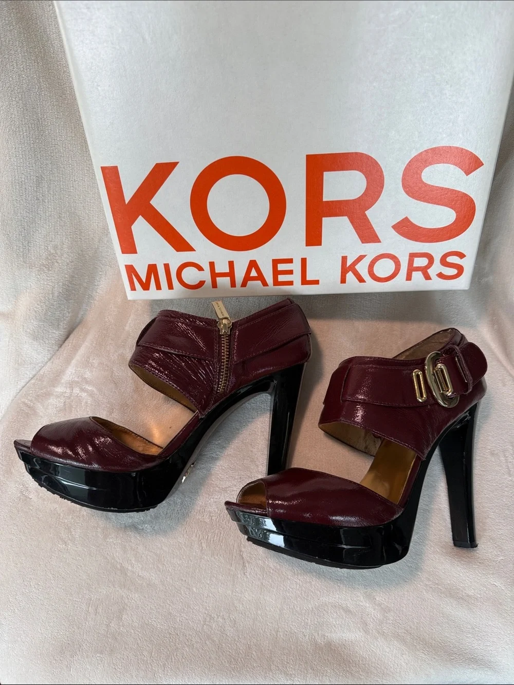 Michael Kors Darby Maroon PatentLeather Platform Stiletto Heels with Gold Buckle